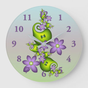 Floral Fantasy Lilac Flowers Green Shapes Fractal Large Clock