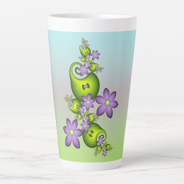 Floral Fantasy Lilac Flowers Green Shapes Fractal Latte Mug (Front)