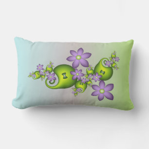 Floral Fantasy Lilac Flowers Green Shapes Fractal Lumbar Cushion