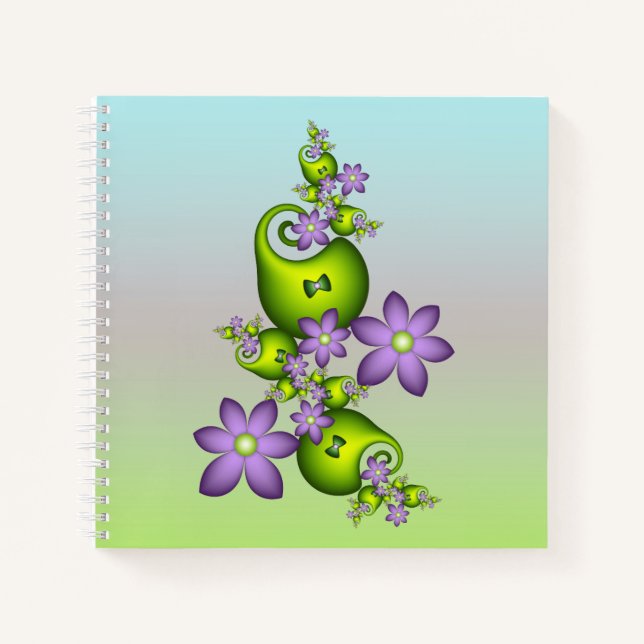 Floral Fantasy Lilac Flowers Green Shapes Fractal Notebook (Front)