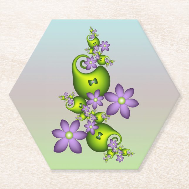 Floral Fantasy Lilac Flowers Green Shapes Fractal Paper Coaster (Front)