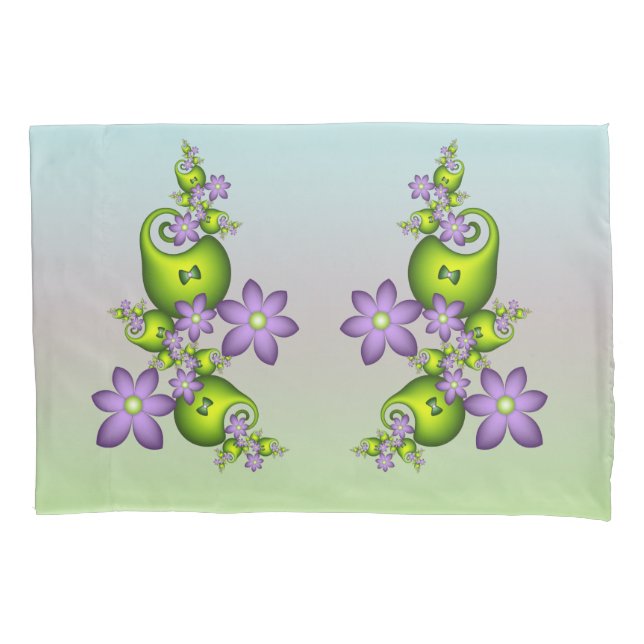 Floral Fantasy Lilac Flowers Green Shapes Fractal Pillowcase (Front)