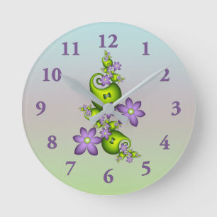 Floral Fantasy Lilac Flowers Green Shapes Fractal Round Clock