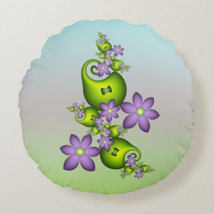 Floral Fantasy Lilac Flowers Green Shapes Fractal Round Cushion