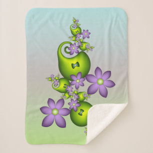 Floral Fantasy Lilac Flowers Green Shapes Fractal Sherpa Blanket