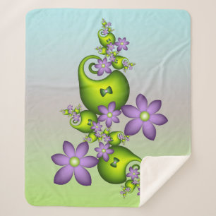 Floral Fantasy Lilac Flowers Green Shapes Fractal Sherpa Blanket