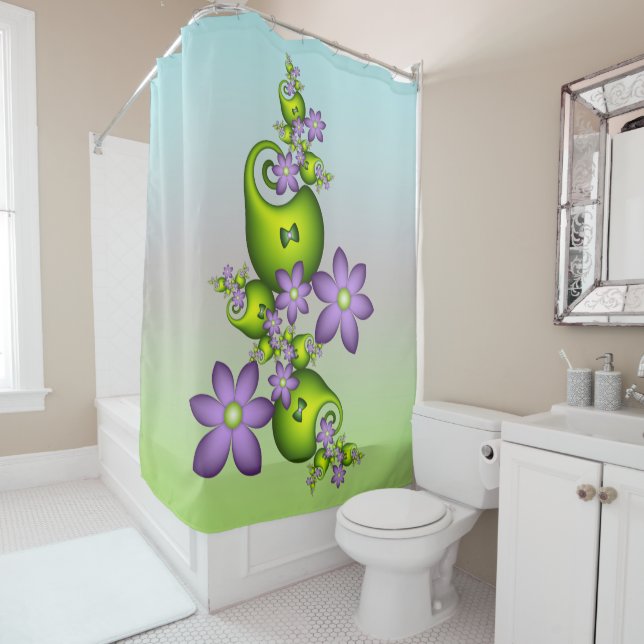 Floral Fantasy Lilac Flowers Green Shapes Fractal Shower Curtain (In Situ)