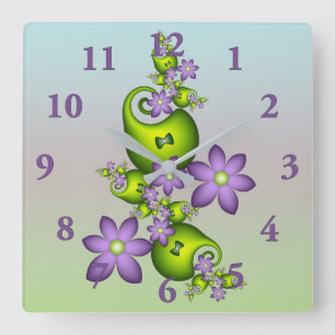 Floral Fantasy Lilac Flowers Green Shapes Fractal Square Wall Clock