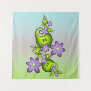 Floral Fantasy Lilac Flowers Green Shapes Fractal Tapestry