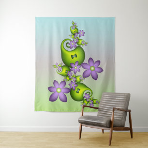 Floral Fantasy Lilac Flowers Green Shapes Fractal Tapestry