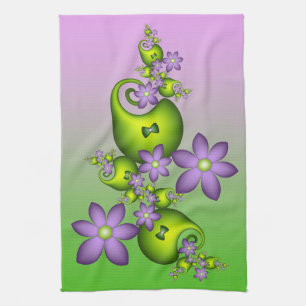 Floral Fantasy Lilac Flowers Green Shapes Fractal Tea Towel