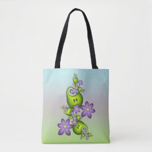 Floral Fantasy Lilac Flowers Green Shapes Fractal Tote Bag