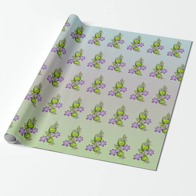 Floral Fantasy Lilac Flowers Green Shapes Fractal Wrapping Paper (Unrolled)