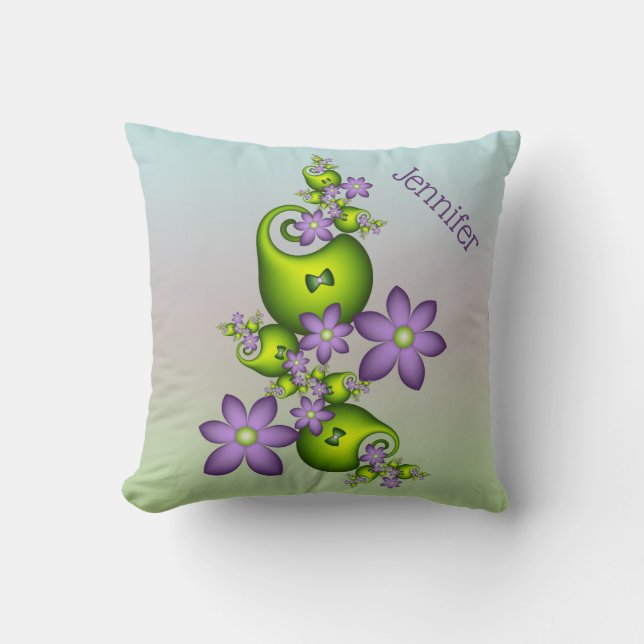 Floral Fantasy Lilac Flowers Green Shapes Name Cushion (Front)