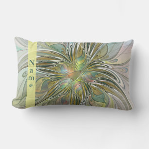Floral Fantasy Modern Art Flower With Gold Name Lumbar Cushion