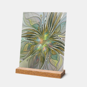 Floral Fantasy Modern Fractal Art Flower With Gold Acrylic Sign