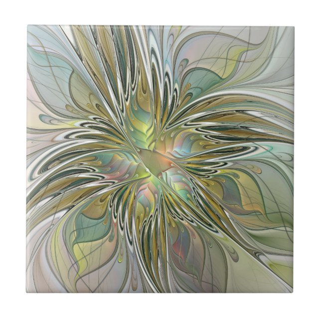 Floral Fantasy Modern Fractal Art Flower With Gold Ceramic Tile (Front)