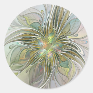 Floral Fantasy Modern Fractal Art Flower With Gold Classic Round Sticker