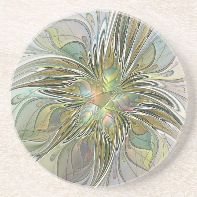 Floral Fantasy Modern Fractal Art Flower With Gold Coaster (Front)