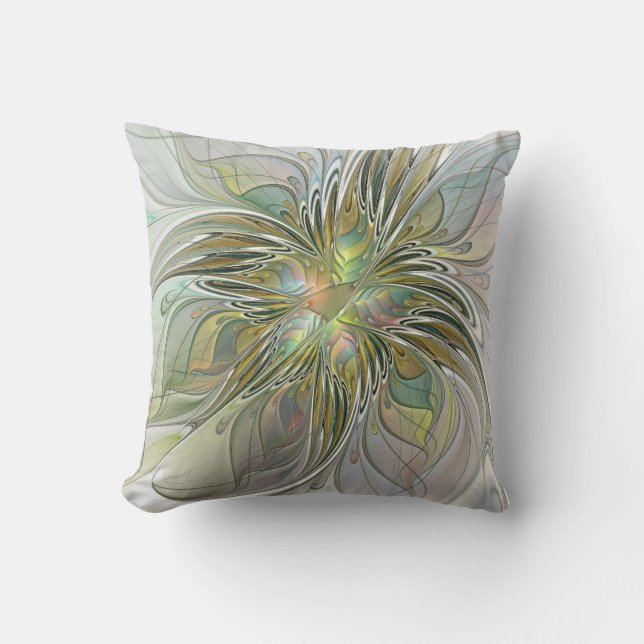 Floral Fantasy Modern Fractal Art Flower With Gold Cushion (Front)