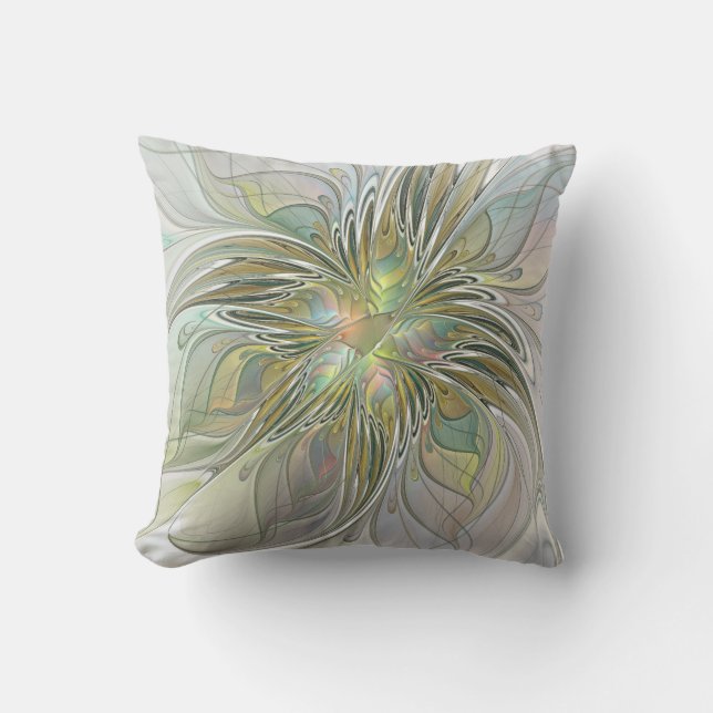 Floral Fantasy Modern Fractal Art Flower With Gold Cushion (Front)