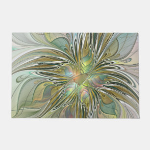 Floral Fantasy Modern Fractal Art Flower With Gold Doormat