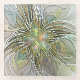 Floral Fantasy Modern Fractal Art Flower With Gold Glass Coaster