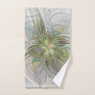 Floral Fantasy Modern Fractal Art Flower With Gold Hand Towel
