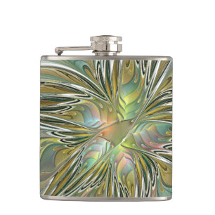 Floral Fantasy Modern Fractal Art Flower With Gold Hip Flask