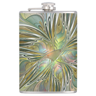 Floral Fantasy Modern Fractal Art Flower With Gold Hip Flask
