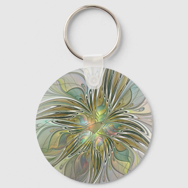 Floral Fantasy Modern Fractal Art Flower With Gold Key Ring (Front)