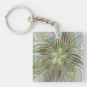 Floral Fantasy Modern Fractal Art Flower With Gold Key Ring