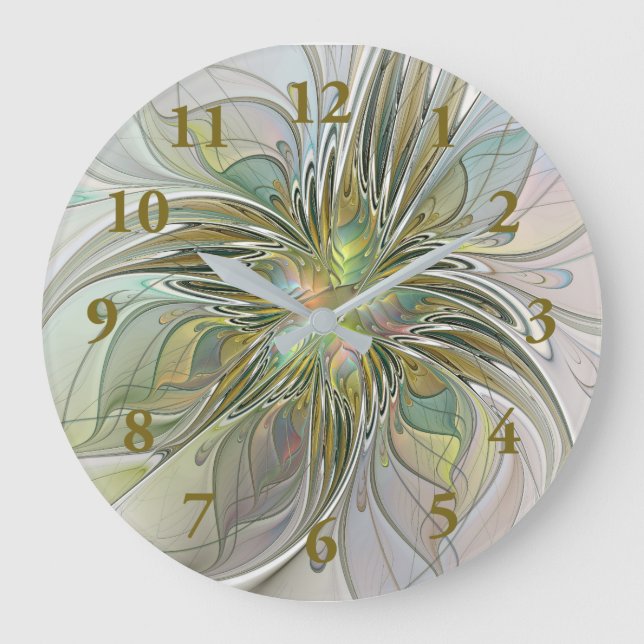 Floral Fantasy Modern Fractal Art Flower With Gold Large Clock (Front)