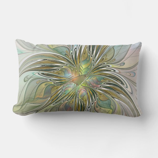 Floral Fantasy Modern Fractal Art Flower With Gold Lumbar Cushion (Front)