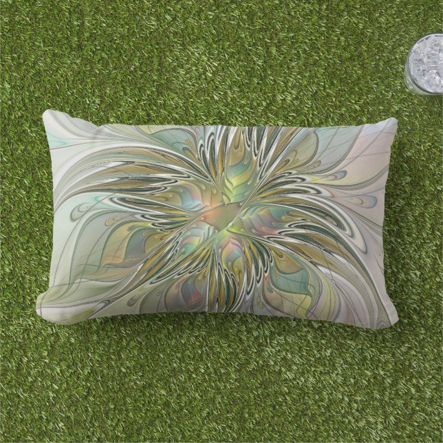 Floral Fantasy Modern Fractal Art Flower With Gold Lumbar Cushion (Grass)