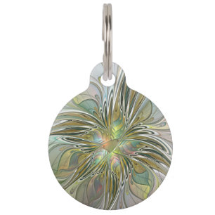 Floral Fantasy Modern Fractal Art Flower With Gold Pet Tag
