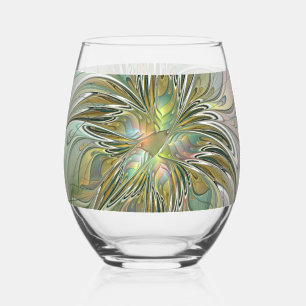 Floral Fantasy Modern Fractal Art Flower With Gold Stemless Wine Glass