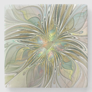 Floral Fantasy Modern Fractal Art Flower With Gold Stone Coaster