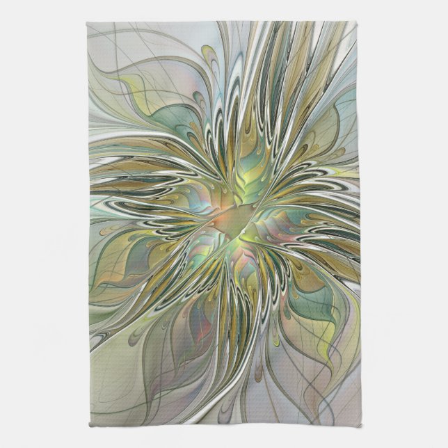 Floral Fantasy Modern Fractal Art Flower With Gold Tea Towel (Vertical)
