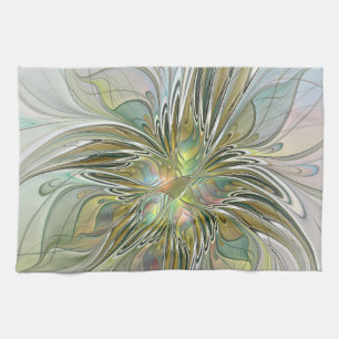 Floral Fantasy Modern Fractal Art Flower With Gold Tea Towel