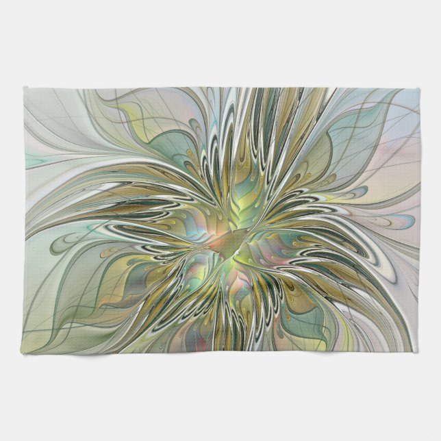 Floral Fantasy Modern Fractal Art Flower With Gold Tea Towel (Horizontal)