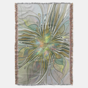 Floral Fantasy Modern Fractal Art Flower With Gold Throw Blanket