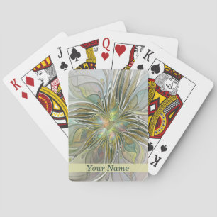Floral Fantasy Modern Fractal Flower W. Gold Name Playing Cards