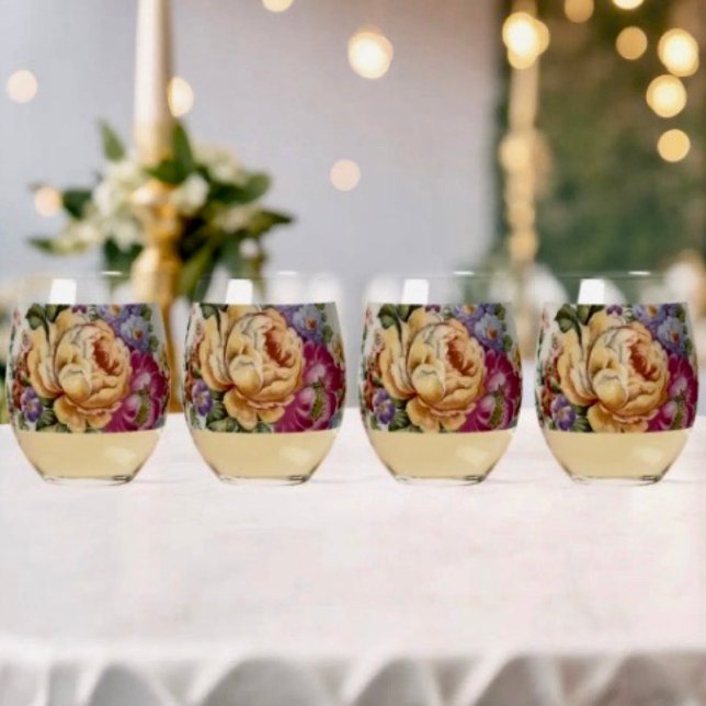 Floral Fantasy   Stemless Wine Glass (Floral Fantasy Stemless Wine Glass Dimensions: 4.25” height x 3.375” diameter 16 oz capacity. )