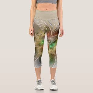 Floral Fantasy With Gold Modern Abstract Fractal Capri Leggings