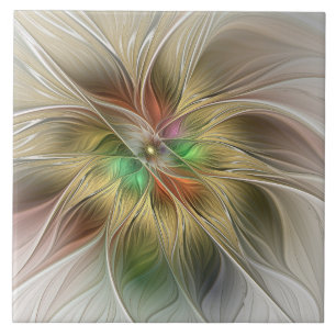 Floral Fantasy With Gold Modern Abstract Fractal Ceramic Tile