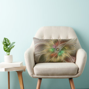 Floral Fantasy With Gold Modern Abstract Fractal Lumbar Cushion