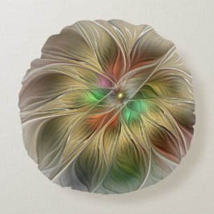 Floral Fantasy With Gold Modern Abstract Fractal Round Cushion
