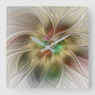 Floral Fantasy With Gold Modern Abstract Fractal Square Wall Clock