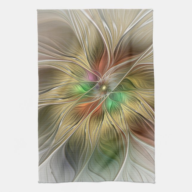 Floral Fantasy With Gold Modern Abstract Fractal Tea Towel (Vertical)